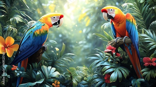 Vector design of a stylized tropical jungle with vibrant parrots exotic plants and towering trees creating a lively and colorful scene full of energy photo