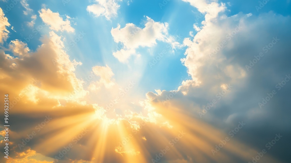 A partially cloudy sky with the sunbeams breaking through, creating a stunning display of light and shadow. A partially cloudy sky with the sunbeams breaking through, creating a stunning display of light and shadow.