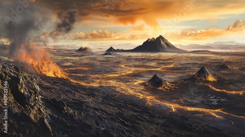 A panoramic view of a volcanic rock landscape, with lava flows and cinder cones shaping the terrain.