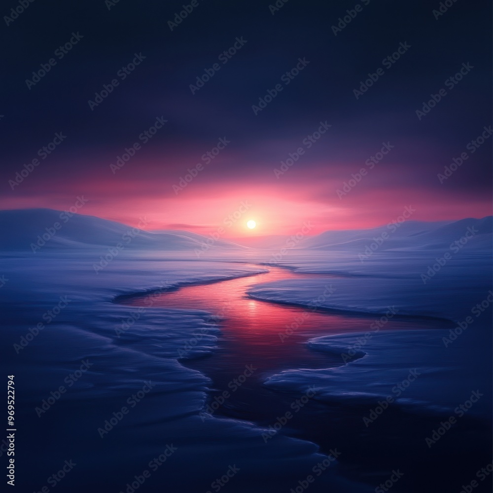 Fototapeta premium Breathtaking winter sunset over a tranquil river, surrounded by serene snow-covered landscape and vivid colors reflecting on water.