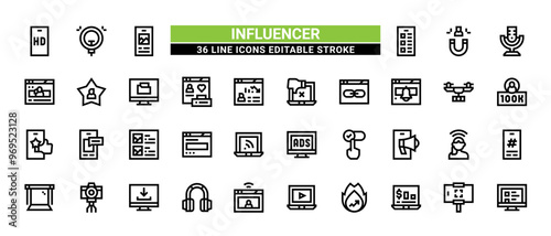 36 Influencer Line Icons Set Pack Editable Stroke Vector Illustration.
