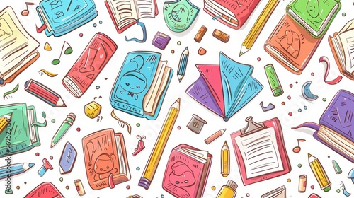Colorful illustration of books and stationery items, perfect for educational themes, reading, and creativity.