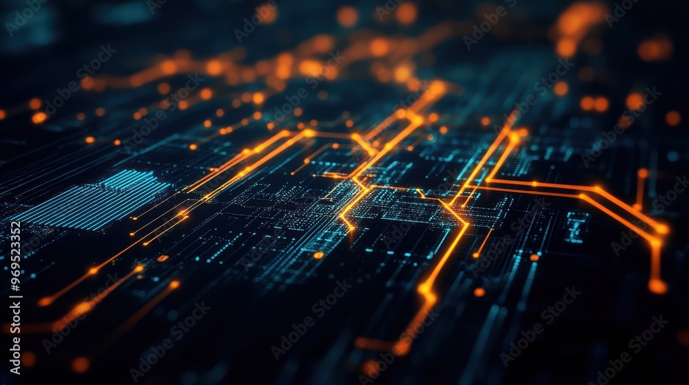 Obraz premium A futuristic digital circuit board featuring glowing orange lines and blue connections, symbolizing data flow, technology, and innovation. 
