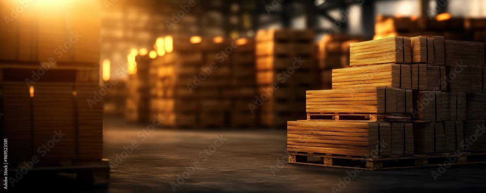 A well-organized warehouse showcasing stacks of wooden pallets and boxes under warm, ambient lighting creating a productive atmosphere. A well-organized warehouse showcasing stacks of wooden pallets and boxes under warm, ambient lighting creating a productive atmosphere.