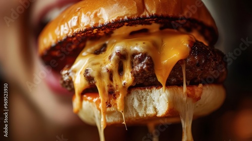 A person mouth enjoying a bite of a gourmet burger, with cheese and sauce dripping slightly. photo