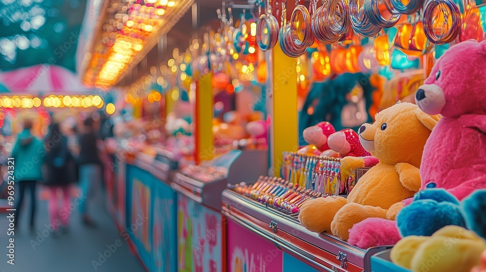 Fototapeta premium Tents with soft toy giveaways in amusement park, shooting range. Souvenir shop.