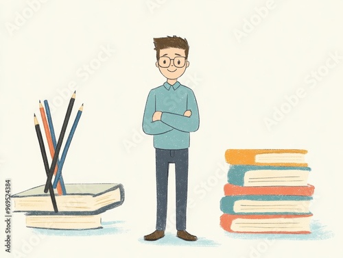 A young man stands confidently among books and colored pencils, embodying knowledge, creativity, and the love of learning. photo