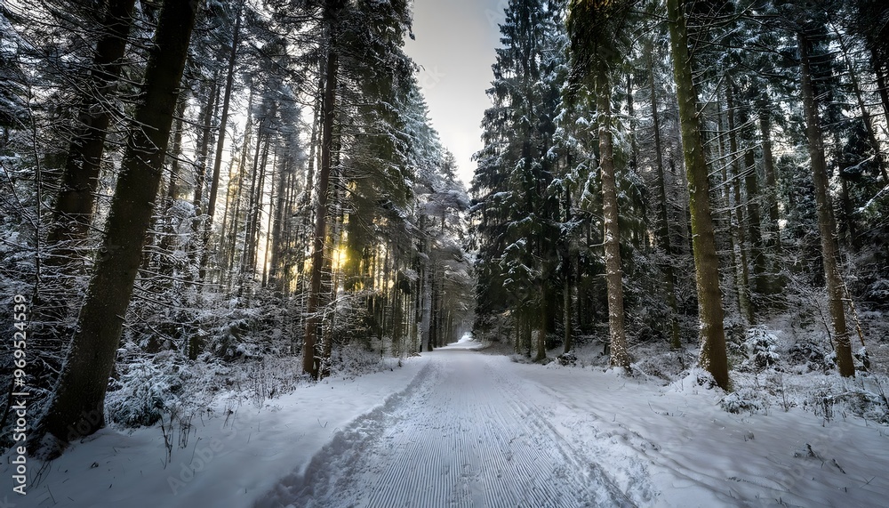 Fototapeta premium dense forest with a snow covered path along the road