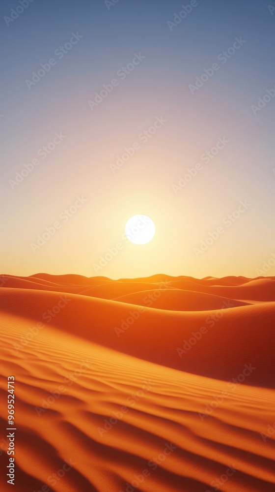 Obraz premium A stunning sunset over serene sand dunes, showcasing the beauty of nature and rich colors in a tranquil desert landscape.