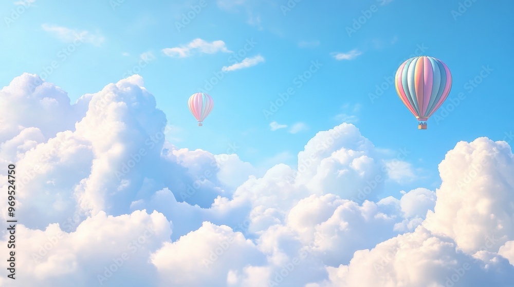 Fototapeta premium A picturesque sky with colorful hot air balloons floating gently against a backdrop of fluffy white clouds.