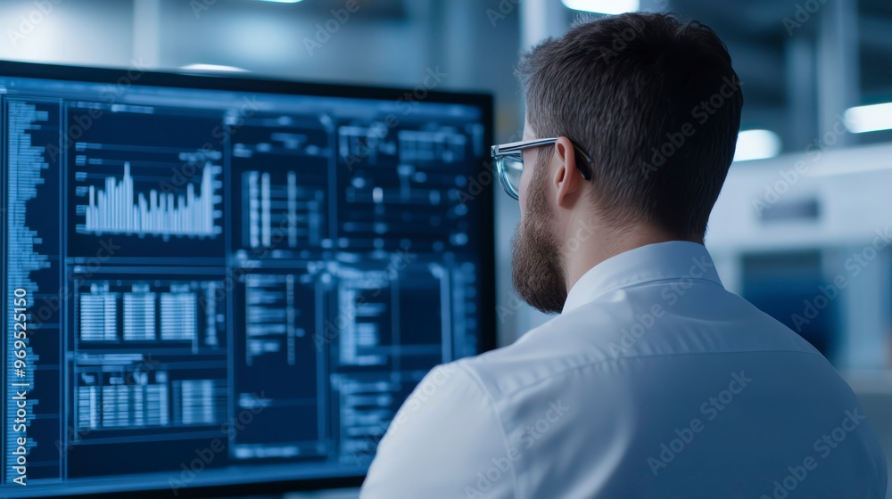 A focused professional analyzes data on a large screen, surrounded by technology, representing modern workplace analytics. A focused professional analyzes data on a large screen, surrounded by technology, representing modern workplace analytics.