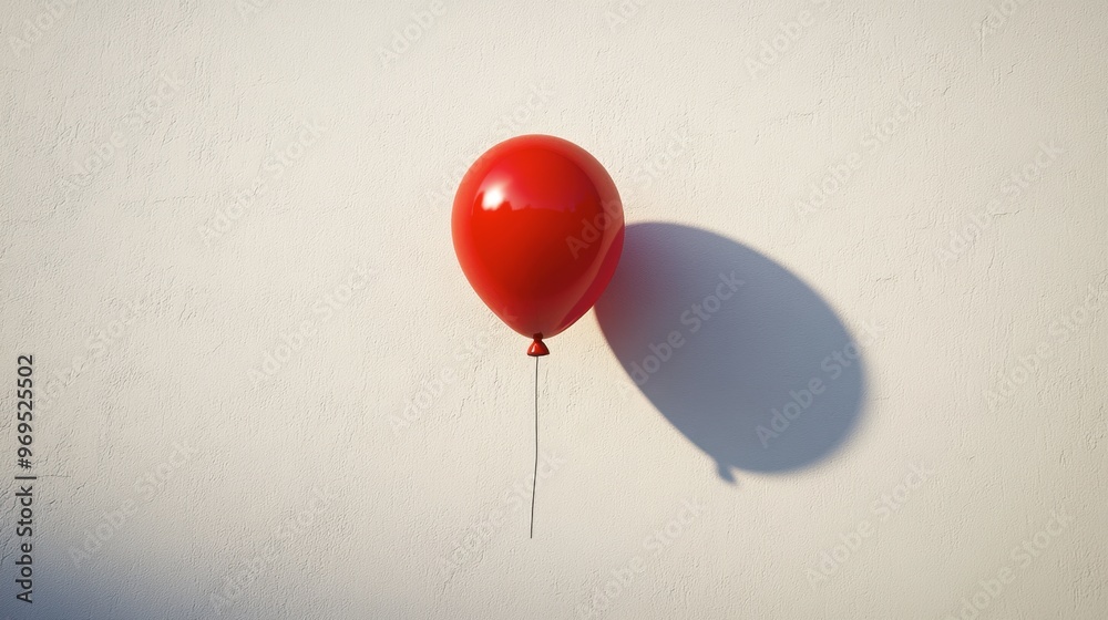 A red balloon floating against a white wall, casting a soft shadow behind it. A red balloon floating against a white wall, casting a soft shadow behind it.