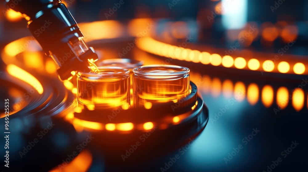 Close-up of a vape device filling glass tanks with colorful liquid, highlighting modern technology and ambient lighting. Close-up of a vape device filling glass tanks with colorful liquid, highlighting modern technology and ambient lighting.
