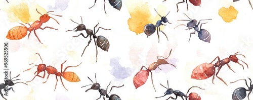 A vibrant watercolor illustration featuring various ants on a light background, showcasing nature's smallest workers in colorful detail. photo