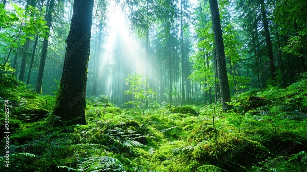 Obraz premium A mystical morning mist gracefully rolls through a dense forest, creating an enchanting and foggy atmosphere that captivates the senses and invites exploration of nature's secrets.