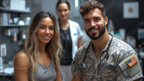 Smiling military doctor and patient.