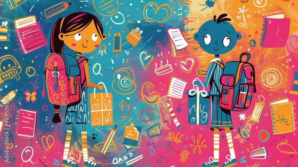 Obraz premium Colorful illustration of two students with backpacks, surrounded by school supplies and playful doodles, capturing the essence of learning.