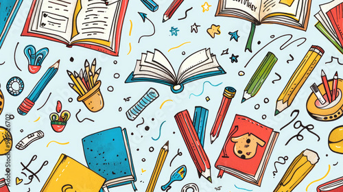 Colorful school supplies and books arranged in a playful pattern, perfect for educational themes and creative projects.