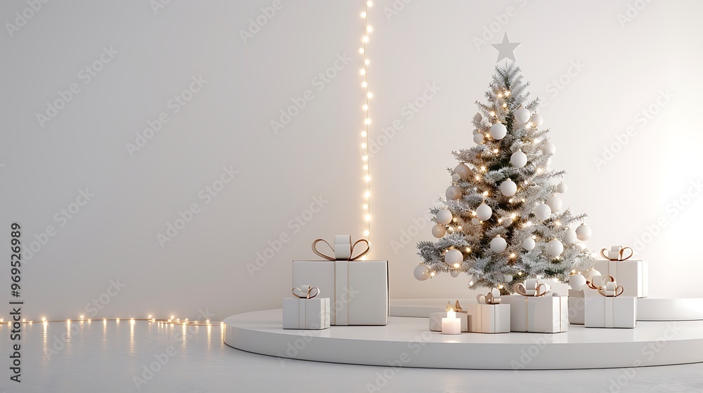 Merry christmas happy present white bright stand render landscape decoration platform simple studio