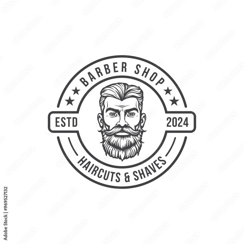 Obraz premium Barber shop logo template. Handsome man with beard and mustache. Scissors. Barber shop symbol. line art editable vector.