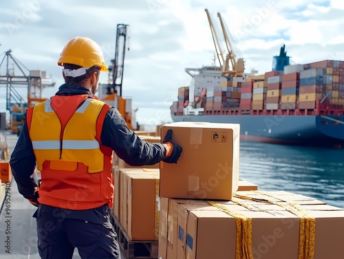 A dock worker manages cargo at a busy shipping port, ensuring efficient operations for container delivery.