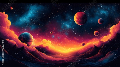 Vector design of a stylized cosmic scene with planets asteroids and swirling galaxies rendered in vibrant colors and geometric shapes creating a sense of wonder and exploration photo