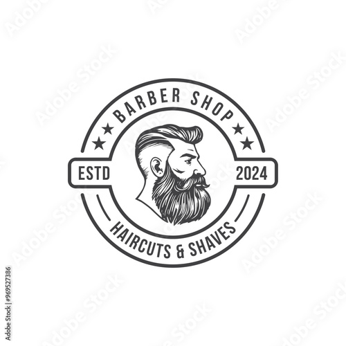 Barber shop logo template. Handsome man with beard and mustache. Scissors. Barber shop symbol. line art editable vector.