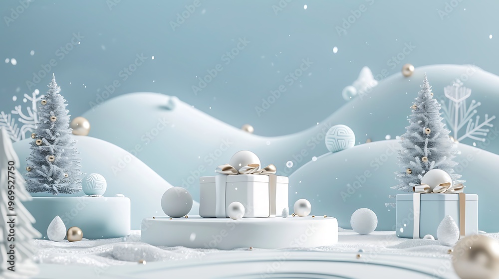 Merry christmas happy present white bright stand render landscape decoration platform simple studio