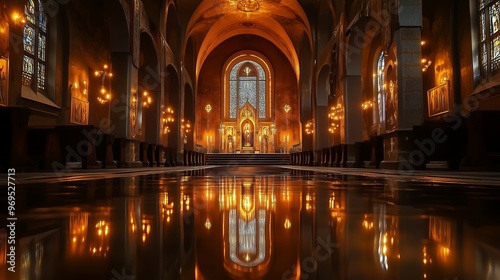 Illuminated Serenity: A Stunning Church Interior with Reflections of Light and Architecture