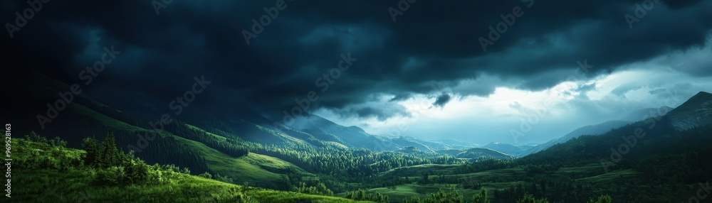 Fototapeta premium A breathtaking view of a lush green valley under a dramatic sky filled with dark clouds and enchanting light rays breaking through.