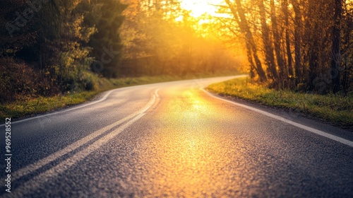 A scenic road during sunset, with warm, golden light reflecting on the asphalt and surrounding landscape.