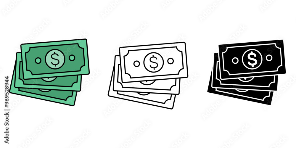 Dollar banknote money icon set, Money colorful symbol isolated background. Green banknote one dollar bills flat simple for infographics design template. silhouette icon, vector illustration. Dollar banknote money icon set, Money colorful symbol isolated background. Green banknote one dollar bills flat simple for infographics design template. silhouette icon, vector illustration.