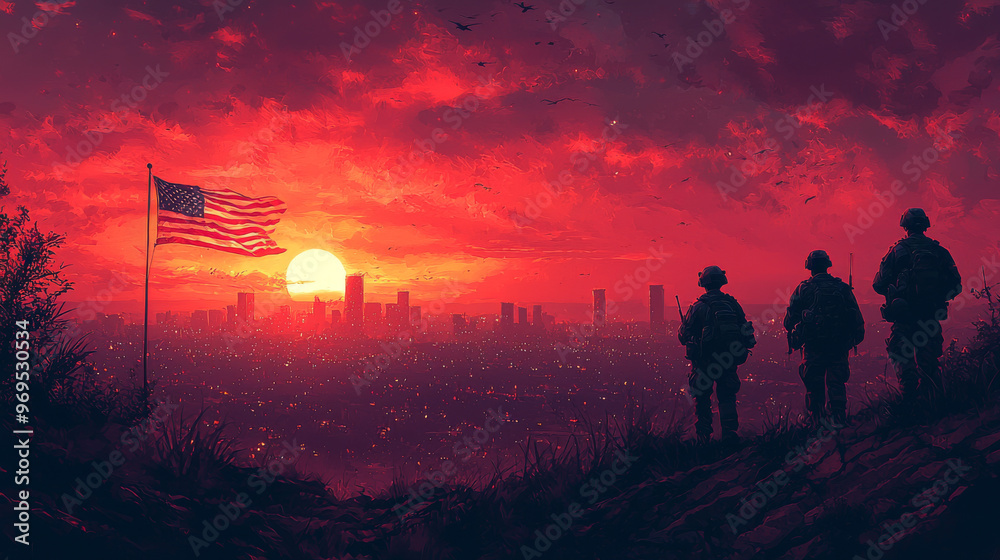 Silhouettes of three soldiers stand overlooking a city skyline at sunset with an American flag waving in the foreground.