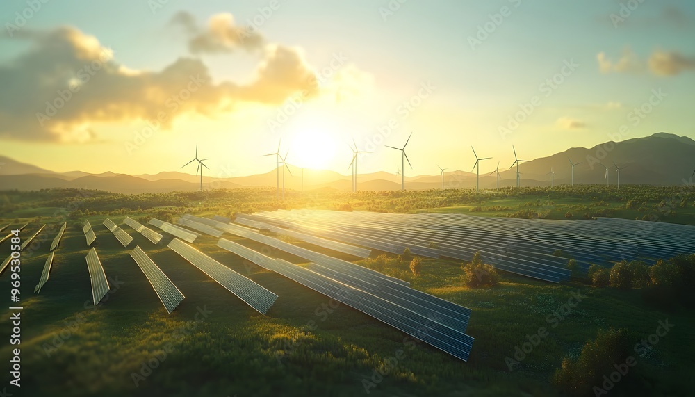 Renewable energy landscape with wind turbines and solar panels at sunrise, showcasing sustainable power solutions in nature.
