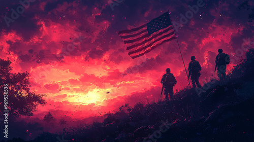 Three soldiers stand silhouetted against a fiery sunset, a flag waving proudly in the distance.