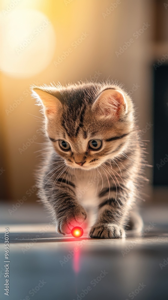 Naklejka premium A playful kitten captivated by a mesmerizing red laser pointer, showcasing curiosity and cuteness in a warm and inviting setting.