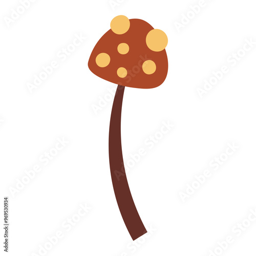 Hand draw brown autumn fly agaric mushroom with yellow dots isolated on a white background.Single vector illustration in doodle flat style. Clipart cozy illustrations for print, wrapping, packaging.