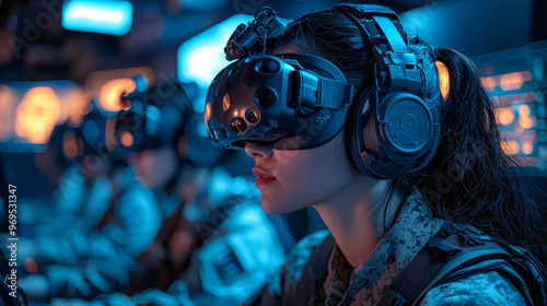 Young woman wearing VR headset in a military uniform.