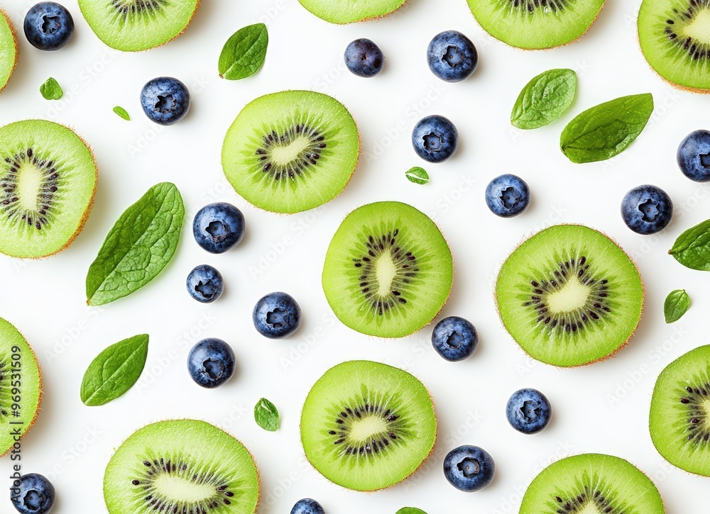 Fototapeta premium Green kiwi slices and blueberries on a white background, top view. Pattern with natural fruits for a summer concept design. Flat lay of fresh green kiwi fruit pattern on a white background. 