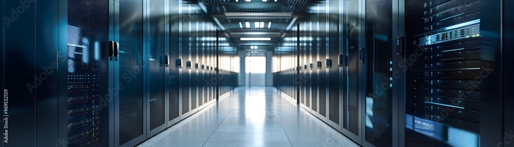 Modern data center corridor with rows of servers and advanced technology, illustrating innovation and digital infrastructure. Modern data center corridor with rows of servers and advanced technology, illustrating innovation and digital infrastructure.