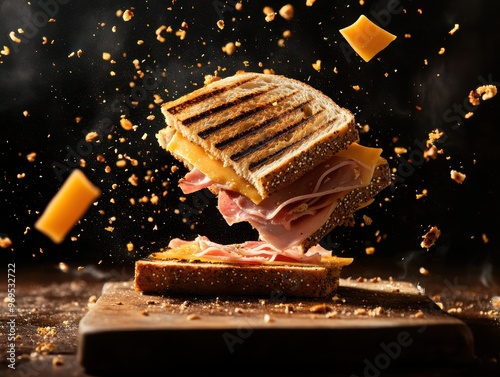 A delicious sandwich with cheese and ham, captured mid-air with dynamic pieces of cheese flying around, perfect for food lovers. photo