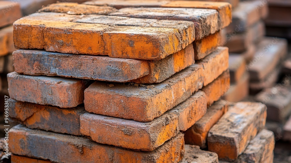 A stack of terracotta bricks neatly arranged at a construction site, ready to be used in building a traditional-style house. A stack of terracotta bricks neatly arranged at a construction site, ready to be used in building a traditional-style house.
