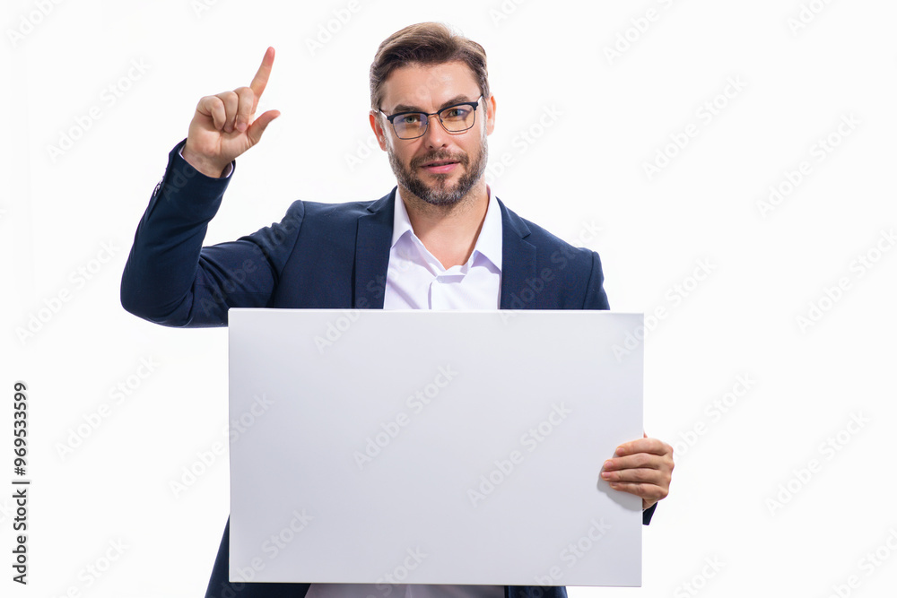 Man holds the sign, idea blank card. Placard ready for your idea product. Sign to your idea text. Man showing blank sign board on studio background, index finger. Empty blank board with idea. Man holds the sign, idea blank card. Placard ready for your idea product. Sign to your idea text. Man showing blank sign board on studio background, index finger. Empty blank board with idea.