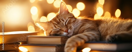 A cozy scene featuring a sleeping cat on books, surrounded by warm, glowing lights, evoking a sense of tranquility and comfort. photo