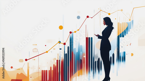 Abstract business woman stands on the peak of success amid tall, innovative Smart city and graphs with statistics to analyze business potential and predict future developments in company growth.