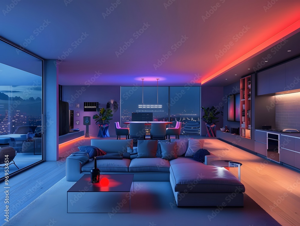 Modern living room with stylish furniture, ambient lighting, and city view, perfect for relaxation or entertainment. Modern living room with stylish furniture, ambient lighting, and city view, perfect for relaxation or entertainment.