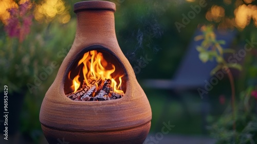 A terracotta chiminea burning brightly on a cool evening, with flames dancing inside the earthy-colored clay. photo