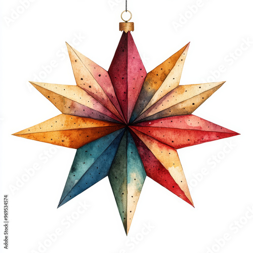 A vibrant, multi-colored watercolor star ornament illustration, featuring shades of red, blue, gold, and teal, ideal for Christmas decoration.