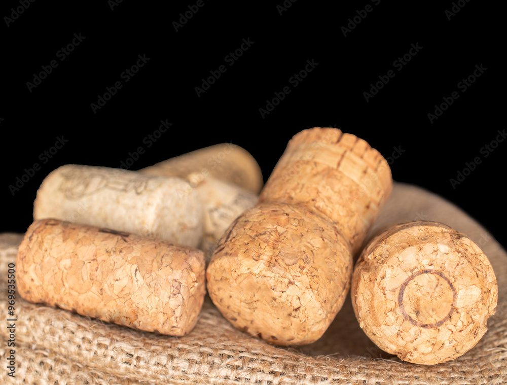 Several wine corks on a jute bag, macro, isolated on black background. Several wine corks on a jute bag, macro, isolated on black background.