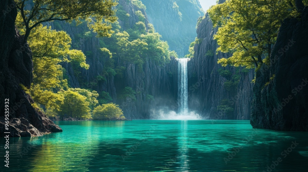 A tropical lagoon framed by towering cliffs, with a waterfall cascading into the still, emerald-green water.